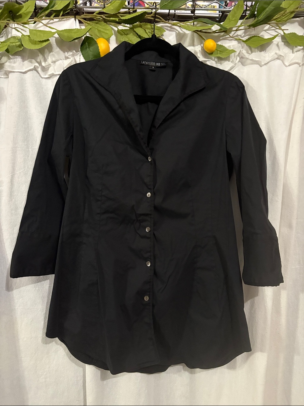 Lafayette 148 New York Black Button-Front Shirt Quarter Sleeve women’s size 8